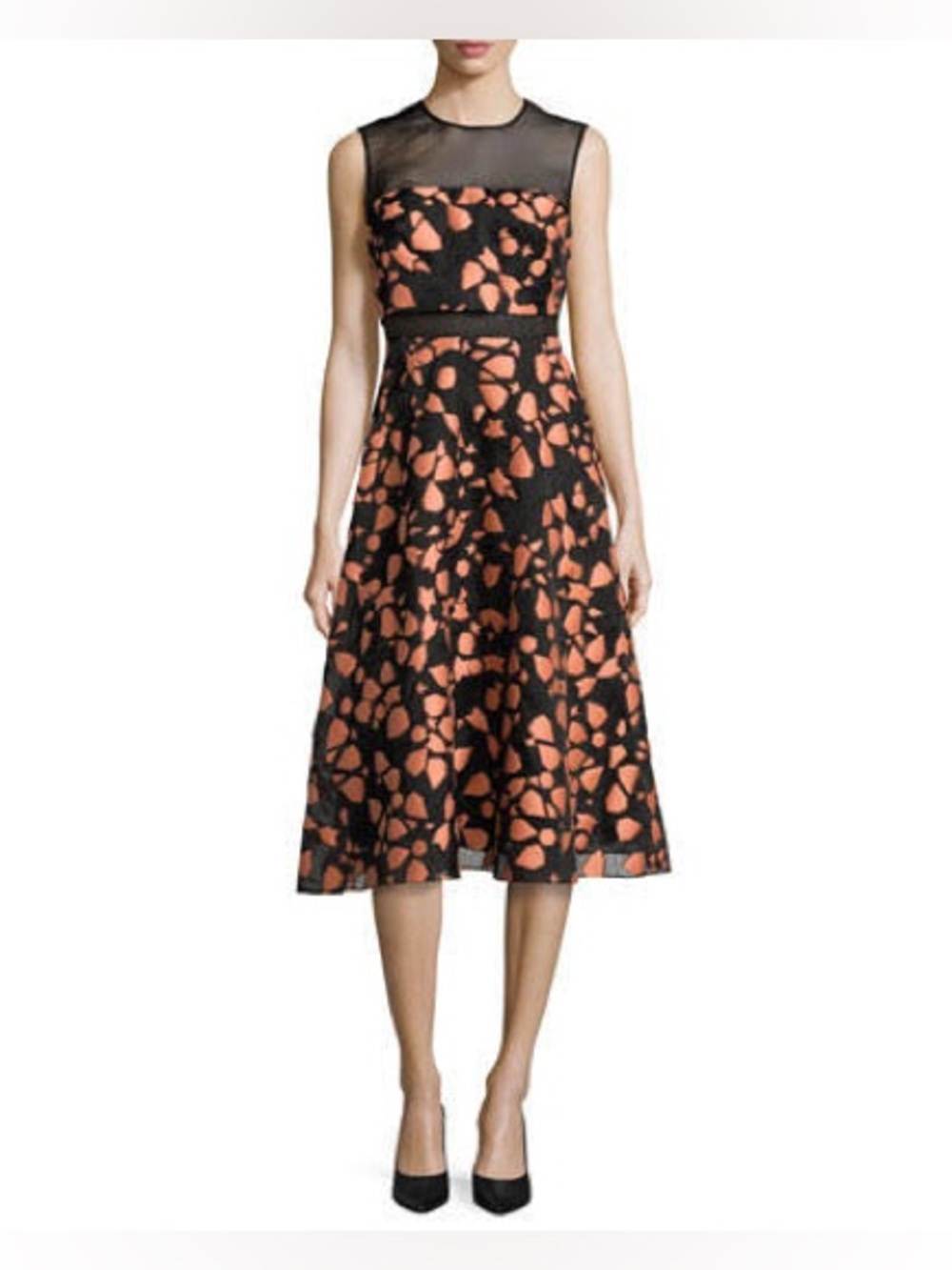 Lela Rose Silk Blend Fit and Flare Midi Dress with Sheer Cutouts, size 10
